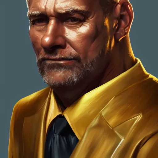 Image similar to a painted portrait of a middle-aged man in a golden suit, D&D, sci-fi, elegant, hopeful, muscular, highly detailed, digital painting, artstation, concept art, smooth, sharp focus, illustration