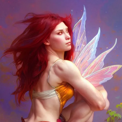 Image similar to beautiful natural fairy small winged redhead martial artist karate fey muscular body shortsword phrygian, vivid colors, intricate, elegant, highly detailed, digital painting, artstation, concept art, smooth, sharp focus, illustration, art by artgerm and greg rutkowski and alphonse mucha and loish and wlop