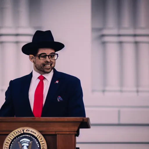 Image similar to a fox dressed in a suit giving a presidential speech, 8 5 mm f / 1. 4