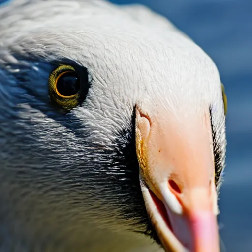 Prompt: fish eye lens photo of a goose’s beak right into the camera, farm