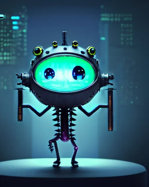 Prompt: a tiny cute cyberpunk monster with cogs rods bolts big eyes smiling waving, back view, isometric 3 d, ultra hd, character design by mark ryden pixar hayao miyazaki, unreal 5, daz, hyperrealistic, octane render, cosplay, rpg portrait, dynamic lighting, intricate detail, front lighting, cinematic, symmetrically isometrically centered