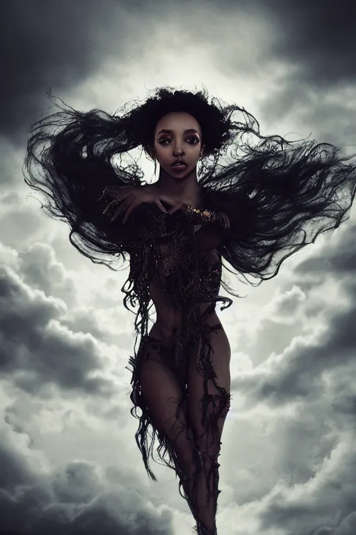 Image similar to a photorealistic portrait of tinashe as mysterious dark goddess of death, realism, clouds, swirling fabric, elaborate ornate growth, gilded relief, trending on artstation, by alessio albi