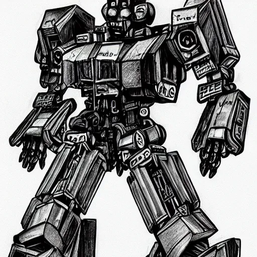 Image similar to a scary horror themed mecha, drawn with charcoal and pen and ink, half-tone-line-stacking