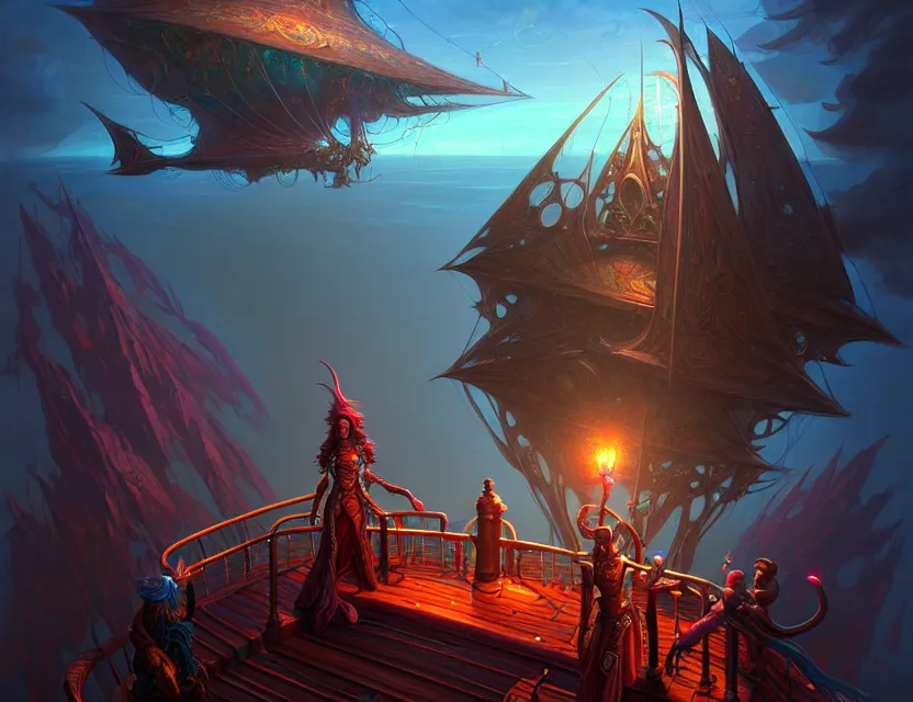 Image similar to standing upon the deck of the flying spelljammer ship, d & d planescape fantasy art, artstation contest winner, beautiful digital painting in the style of dan mumford, art by kev chan, volumetric lighting, concept art, speedpainting, fantasypunk, deep colors, cgsociety, by gerald brom