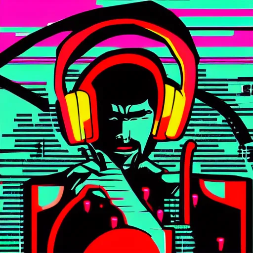Prompt: a closeup of a digital samurai gamer with headphones in retro colors, synthwave style, 2d digital vector art