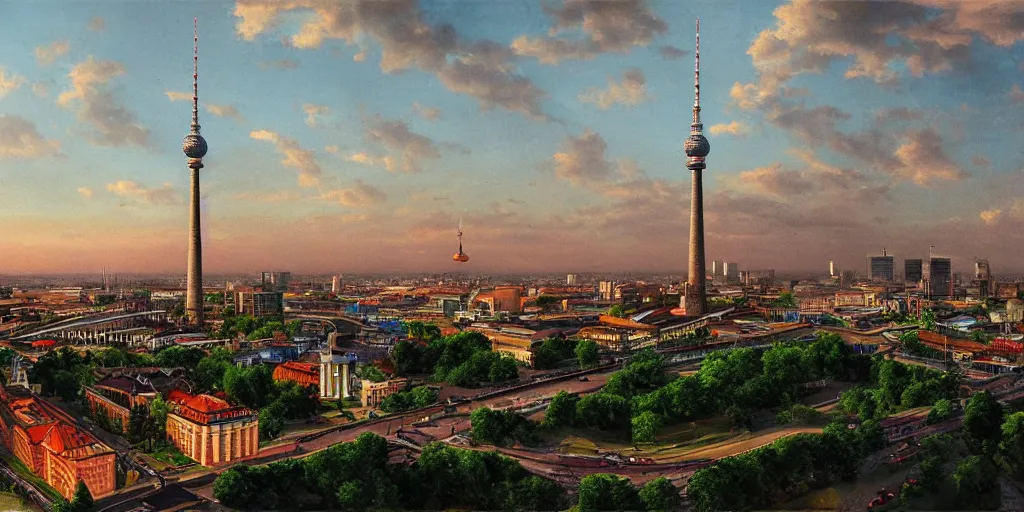 Image similar to berlin skyline with tv tower in the style of raja ravi varma, high detail, realism, 4 k, hdr, digital art, concept art, trending on artstation