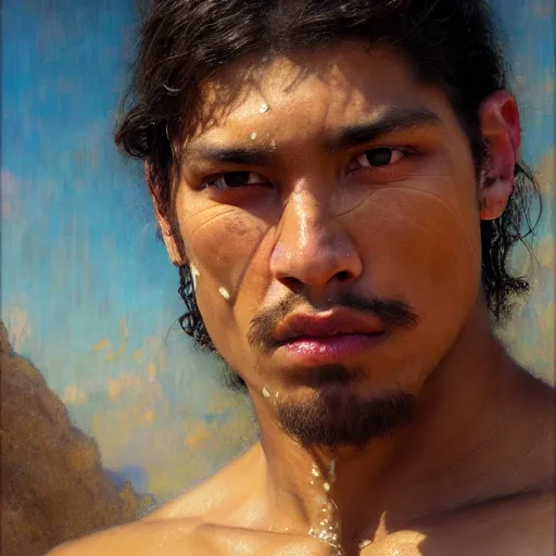 Image similar to a realistic portrait of a good - lookiung chicano swimmer,, high detail, cleary see face, by gaston bussiere, bayard wu, greg rutkowski, odd nerdrum, maxim verehin, dan dos santos, masterpiece, sharp focus, cinematic lightning - h 7 6 8