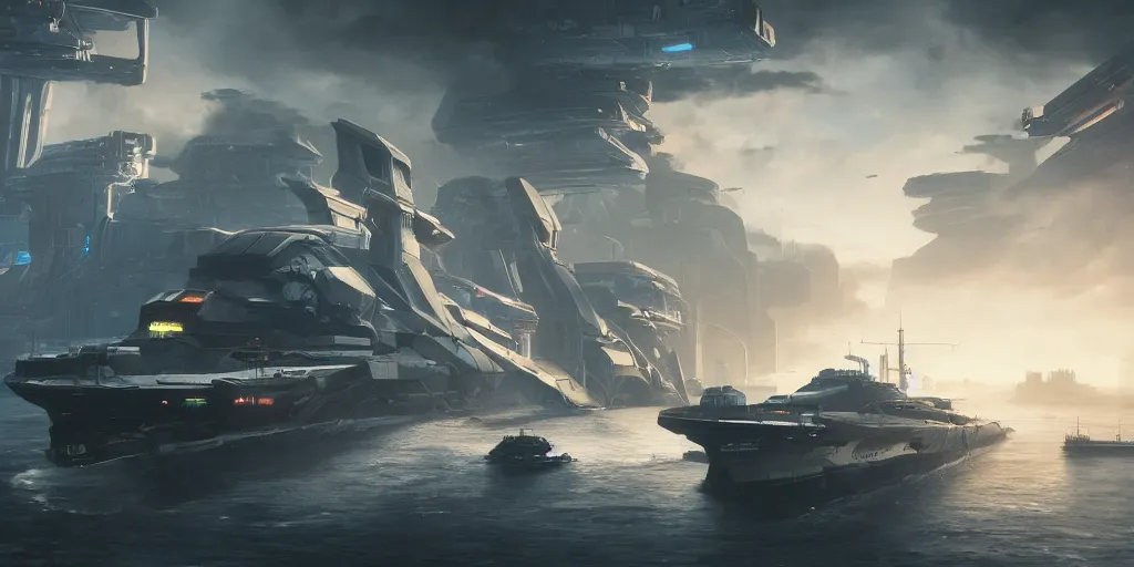 Image similar to cyberpunk cargo ship strongly resembling industrial spaceship design concept art in space, by david levy, eve online, elite dangerous, artstation, concept art, matte painting, highly detailed, rule of thirds, dynamic lighting, cinematic, detailed, magnificiant landscape, denoised