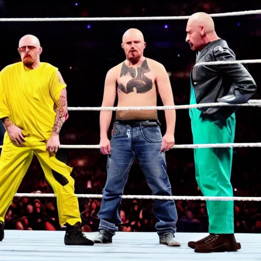 Prompt: photograph of walter white and jesse pinkman as a wwe tag team