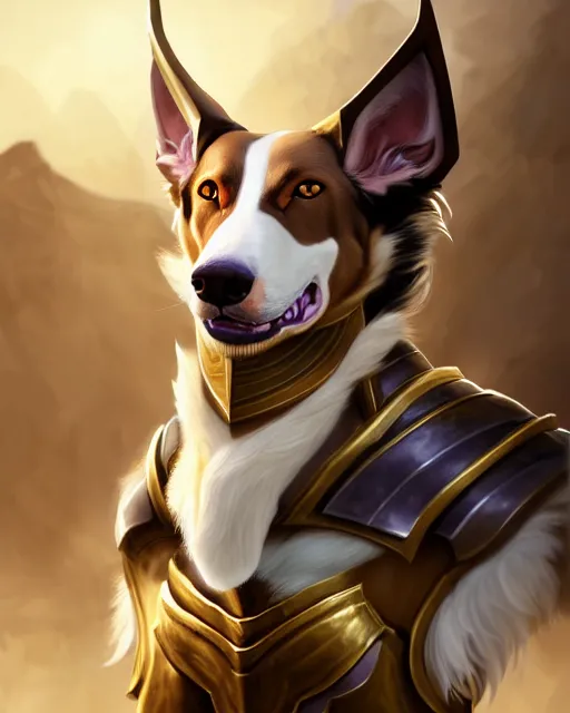 Prompt: nasus the armored egyptian anubis white and brown border collie warrior from videogame league of legends the armored egyptian collie warrior from videogame league of legends with the face of a white and brown border collie, full body armor, highly detailed, artstation, cinematic character, by artgerm and greg rutkowski