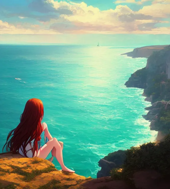 Prompt: a girl with long flowing auburn hair sitting on a cliff overlooking a beach. vivid colors, soft lighting, atmospheric, cinematic, moody, in the style of ilya kuvshinov and range murata, krenz cushart, rule of thirds, oil on canvas, 8 k.