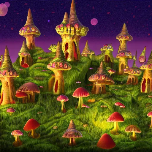 Image similar to highly detailed illustration of a mushroom castle at night ultra realistic, 4 k resolution