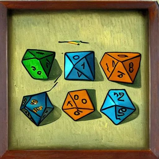 Prompt: polyhedral dice in a dice tray by Vincent Van Gogh