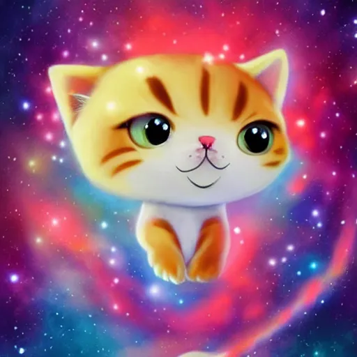 Prompt: incredibly cute kawaii cat riding a massive star hurling by a nebula in space , trending on ArtStation