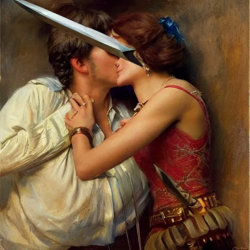 Image similar to a cinematic shot of a young woman killed her lover with a dagger, extremely realistic and highly detailed painting by gaston bussiere and j. c. leyendecker 8 k