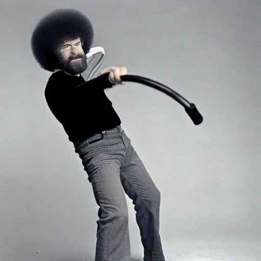 Prompt: Bob Ross showing off his nunchuck skills, action photography