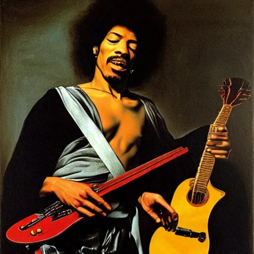 Prompt: Jimy Hendrix playing by Caravaggio