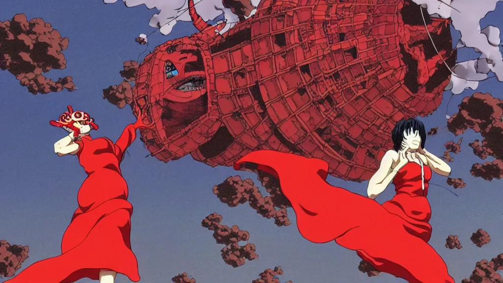 Image similar to a woman in a red dress wearing a red lobster mask falling from a building in Tokyo , film still from the an anime directed by Katsuhiro Otomo with art direction by Salvador Dalí, wide lens