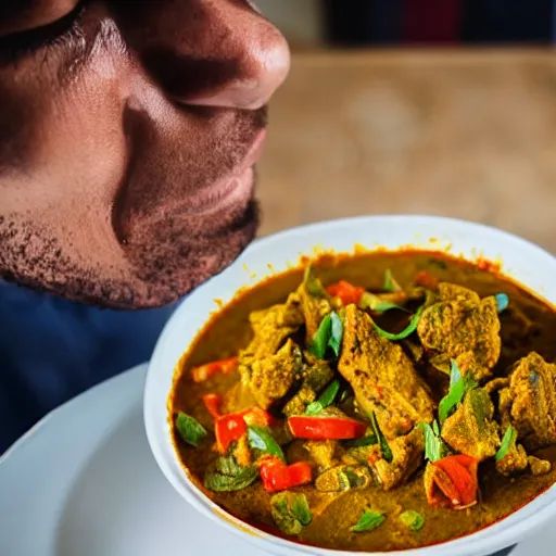 Image similar to photo of a man ecstatically eating a bowl of indian curry. weeping with joy, hands raised