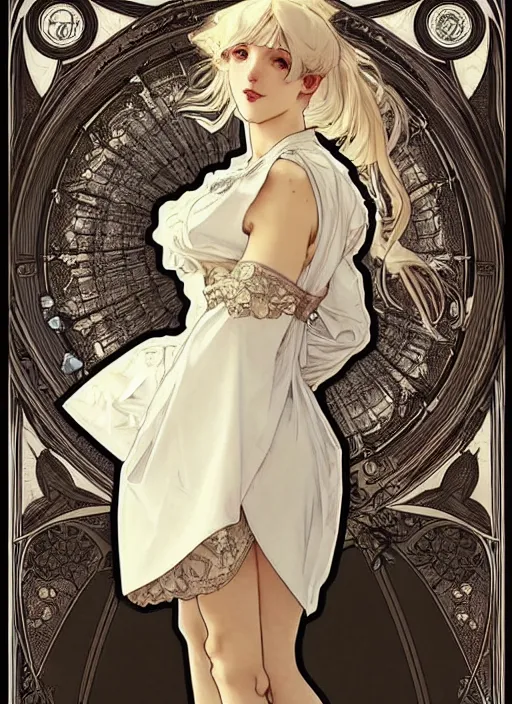 Image similar to digital art by artgerm, greg rutkowski, alphonse mucha. full body!! beautiful platinum blonde victorian maid. beautiful slender face, updo, big blue eyes, fine pointy chin, slender nose, high cheek bones. black maid dress with white apron. lace, embroidery, leather. hyper detailed, intricate, elegant, artstation, smooth, sharp focus