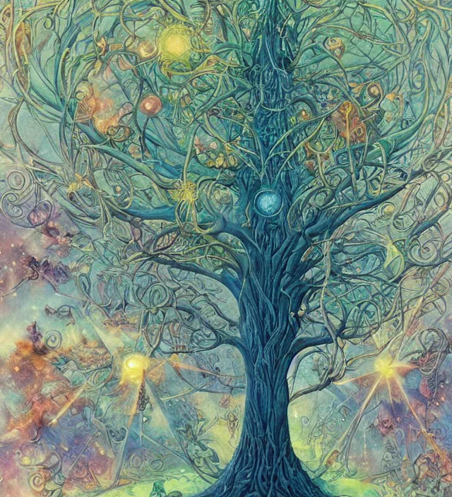 Prompt: the cosmic tree of life absorbs all galactical and masonic energy fields by daniel merriam, deep and rich colours,