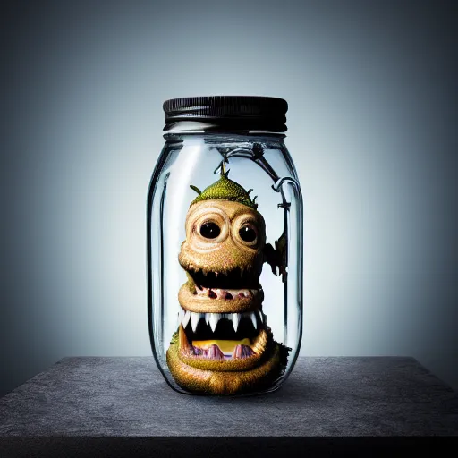 Image similar to Evil monster in a jar, product photography, centered, studio lightning