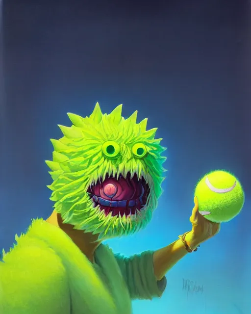 Image similar to highly detailed vfx portrait of a character of a tennis ball monster stephen bliss, unrealengine, greg rutkowski, loish, rhads, beeple, makoto shinkai and lois van baarle, ilya kuvshinov, rossdraws, tom bagshaw,