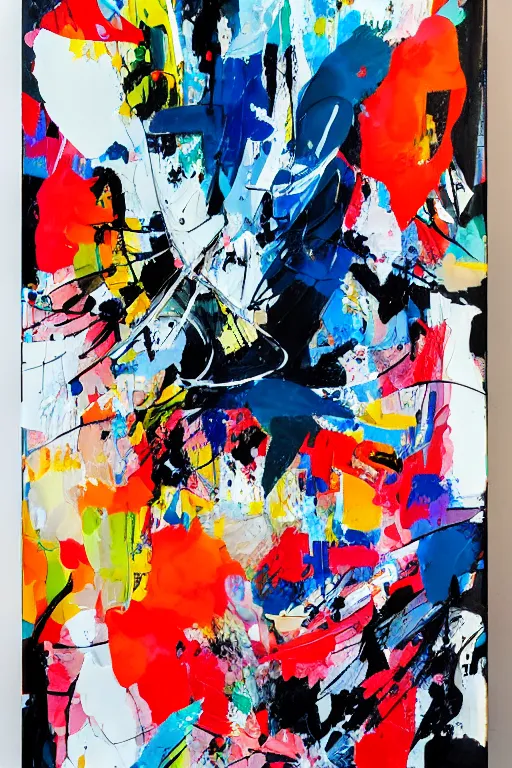 Prompt: abstract art painting, bold brush strokes and random paint splatters, vibrant, multi layered collage, off - white background, acrylic, spray paint, marker on canvas