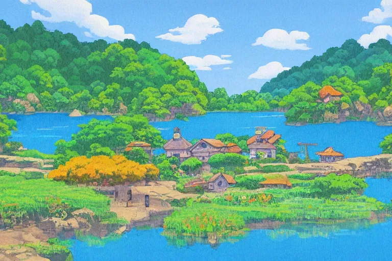 Prompt: landscape of peaceful village with azure blue lake, studio ghibli, anime background, gouche painting, lively colors
