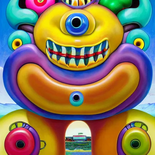 Image similar to beautiful painting of anthropomorphic steam railway engine monster truck snake oil salesman cowboy caveman hydra, neo - andean architecture art by takashi murakami, art by lisa frank, art by jacek yerka, art by victor moscoso. lifelike mechanical eyes. locomotive snake. trending on artstation, hyperrealism, 1 0 k