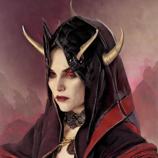 Image similar to portrait of a surly and resentful female tiefling thief with small horns clothed in leather armor and a cloak, angry expression, by Greg Rutkowski and John Collier and Krenz Cushart and Artem Demura and Alphonse Mucha and Albert Aublet, as seen on ArtStation, 4k, dungeons and dragons, very aesthetic, very detailed, intricate, unreal, fantasy, dramatic, painterly, artstation, sharp focus, smooth