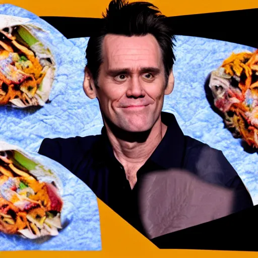 Image similar to photo of jim carrey's head inside of a burrito