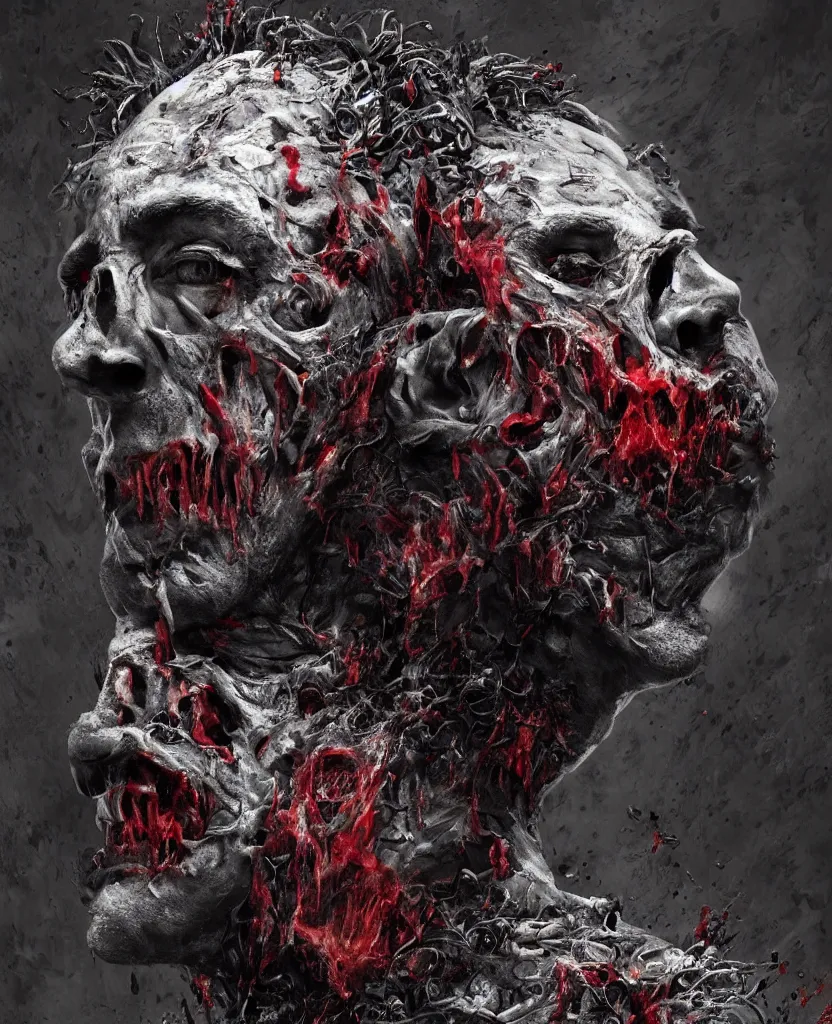 Image similar to moon made from thousands of rotten demonic bloody corpses of Nicolas Cage, body horror, flesh, blood, grotesque hell, highly detailed, vivid colors, dark shadows, contrast, concept art, sharp focus, digital art, Hyper-realistic, 4K, Unreal Engine, Highly Detailed, Dramatic Lighting, Beautiful, by Brom, bastien lecouffe-deharme