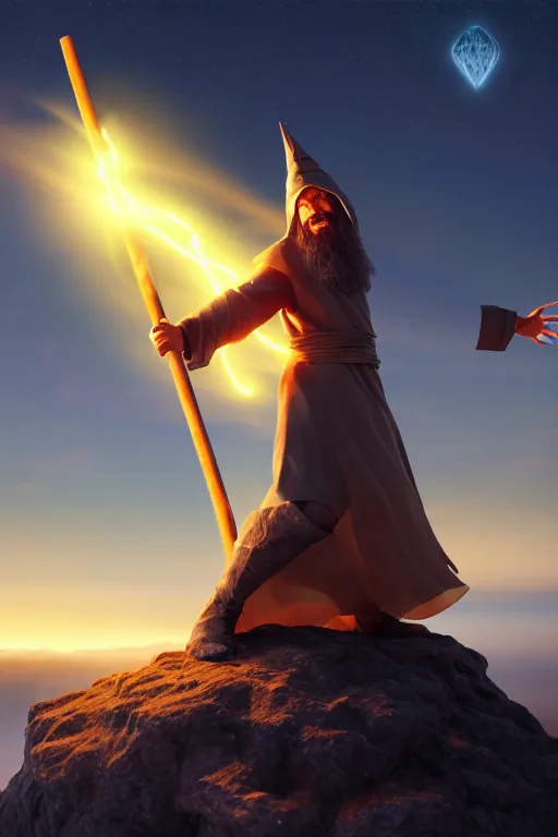 Prompt: levitating wizard wielding a spear opening a shining portal pulsating in the night sky, horizon of an erupting volcano, photorealistic, artstation, highly detailed