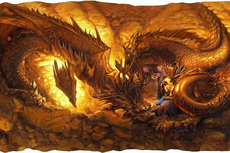 Image similar to dragon sleeping on gold and gems in a big cavern, by Justin Gerard, masterpiece, stunning