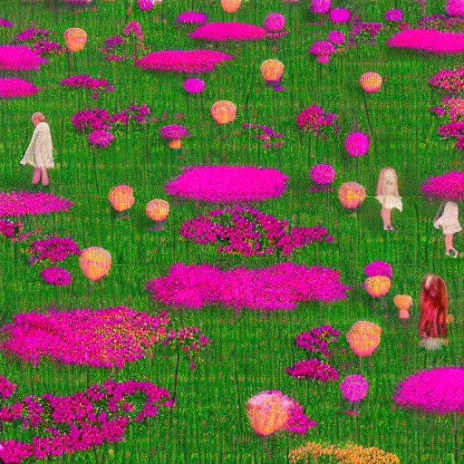 Image similar to group young ladies lost in a giant flower garden, pinks, gold in the style of cyberpunk glitch painting, octane render, 8k