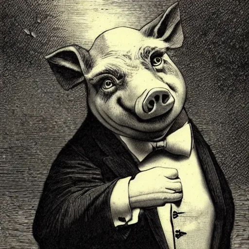 Prompt: a pig in a tuxedo, creepy atmosphere, dark, portrait, realistic, very realistic, illustration by Gustave Doré