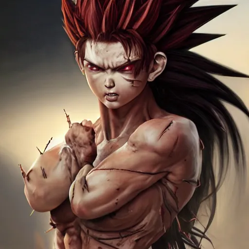 Image similar to fistfight, bloody, brutal, warrior girl, muscular girl, wild spiky black saiyan hair, long spiky hair, electrified hair, fistfighting, ultra realistic, intricate details, highly detailed, subsurface scattering, photorealistic, octane render, 8 k, art by artgerm, greg rutkowski, magali villeneuve, alphonse mucha