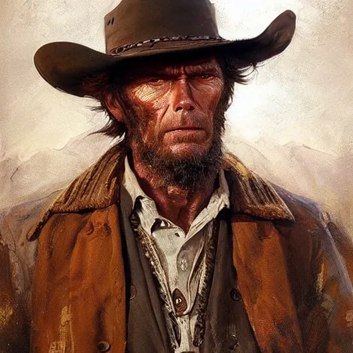 Image similar to Solomon Joseph Solomon and Richard Schmid and Jeremy Lipking victorian genre painting portrait painting of Clint Eastwood a rugged cowboy gunfighter old west character in fantasy costume, rust background