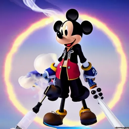 Image similar to sora from kingdom hearts exhaling a large smoke cloud from his mickey mouse bong, award winning candid photography