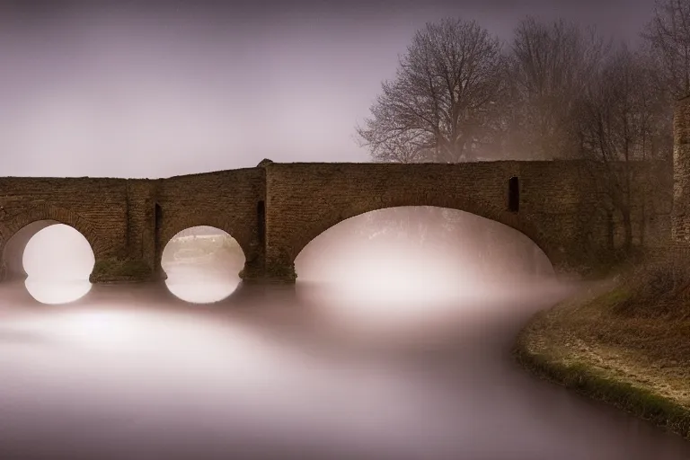 Prompt: masterpiece lomography landscape of ( pont ambroix at ambrussum ), single arch, cinematic lights, 8 k, long exposure, fog in the background, soft blue tones, by gustave courbet, artstation, deviantart