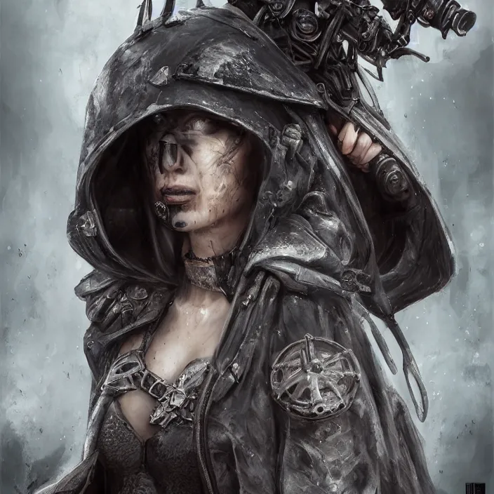 Image similar to beautiful apocalyptic woman in hooded cloak, standing on mad max panzer tank, hyper-detailed, smooth, sharp focus, 4k ultra hd, fantasy dark art, tank girl, artgerm, artstation, octane render, elegant, detailed digital painting, apocalyptic art