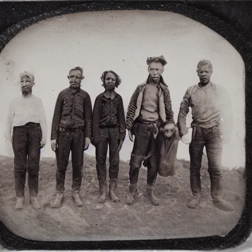 Prompt: group of worn down youths walking through nevada desert, carrying bindles, 2 0 3 7 tintype photograph