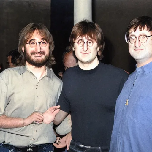 Image similar to john lennon, steve jobs, harry potter, and gabe newell meeting each other