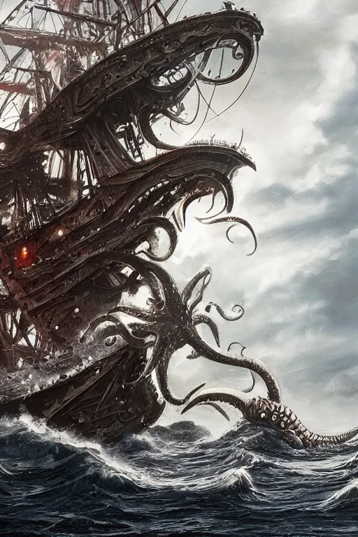 Image similar to A stunning photo of the Kraken attacking a ship at sea, hyperdetailed, mythology, Trending on artstation