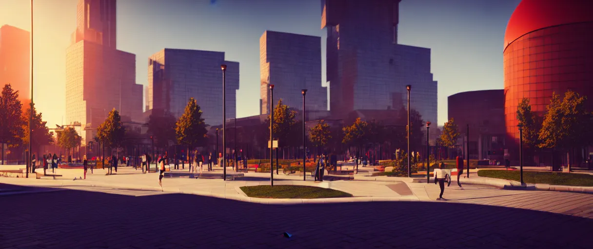 Prompt: modern city center public park, modern landscape architectural design for industrialpunk, gorgeous lighting, golden hour, cyberpunk, 2077, dramatic lighting and composition, octane render, unreal engine 5, 8k