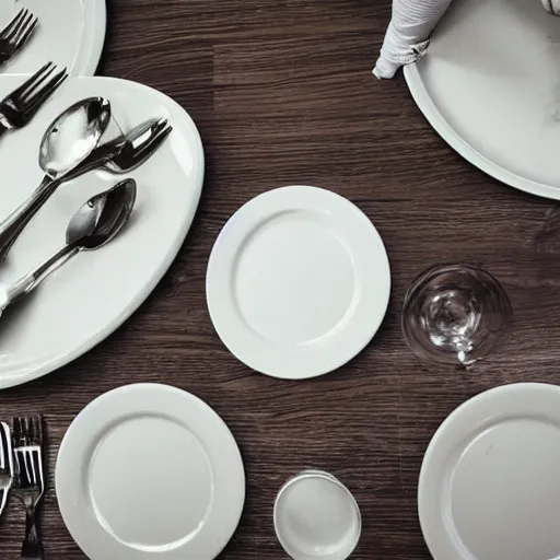 Prompt: top down view of a long table filled with plates and cutlery after dinner in a military canteen