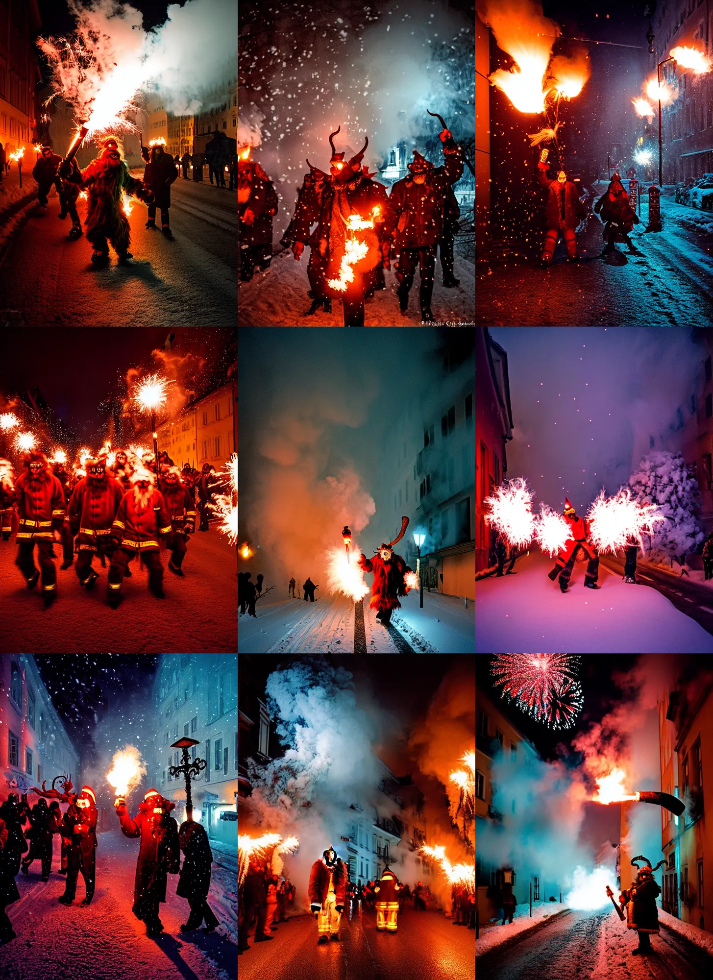 Prompt: kodak portra 4 0 0, winter, snowflakes, hellfire, award winning dynamic photo of a bunch of hazardous krampus between exploding fire barrels by robert capas, motion blur, in a narrow lane in salzburg at night with colourful pyro fireworks and torches, teal lights