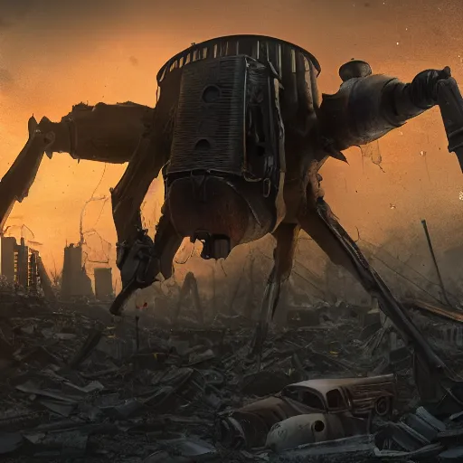 Image similar to giant dieselpunk ant in a destroyed city, 8 k, moody lighting, shallow depth of field,