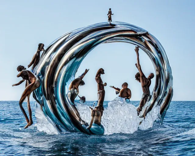 Prompt: a massive modern sculpture of desperate people climbing a perfect sphere on the ocean water, in the style of jeff koons and michelangelo, inspired by the greatest sculptors, cinematic, hyper - realistic, very detailed, realistic water splashes, ray tracing, 8 k resolution, long - shot, sharp focus, low angle, 8 5 mm photograph, wide lens